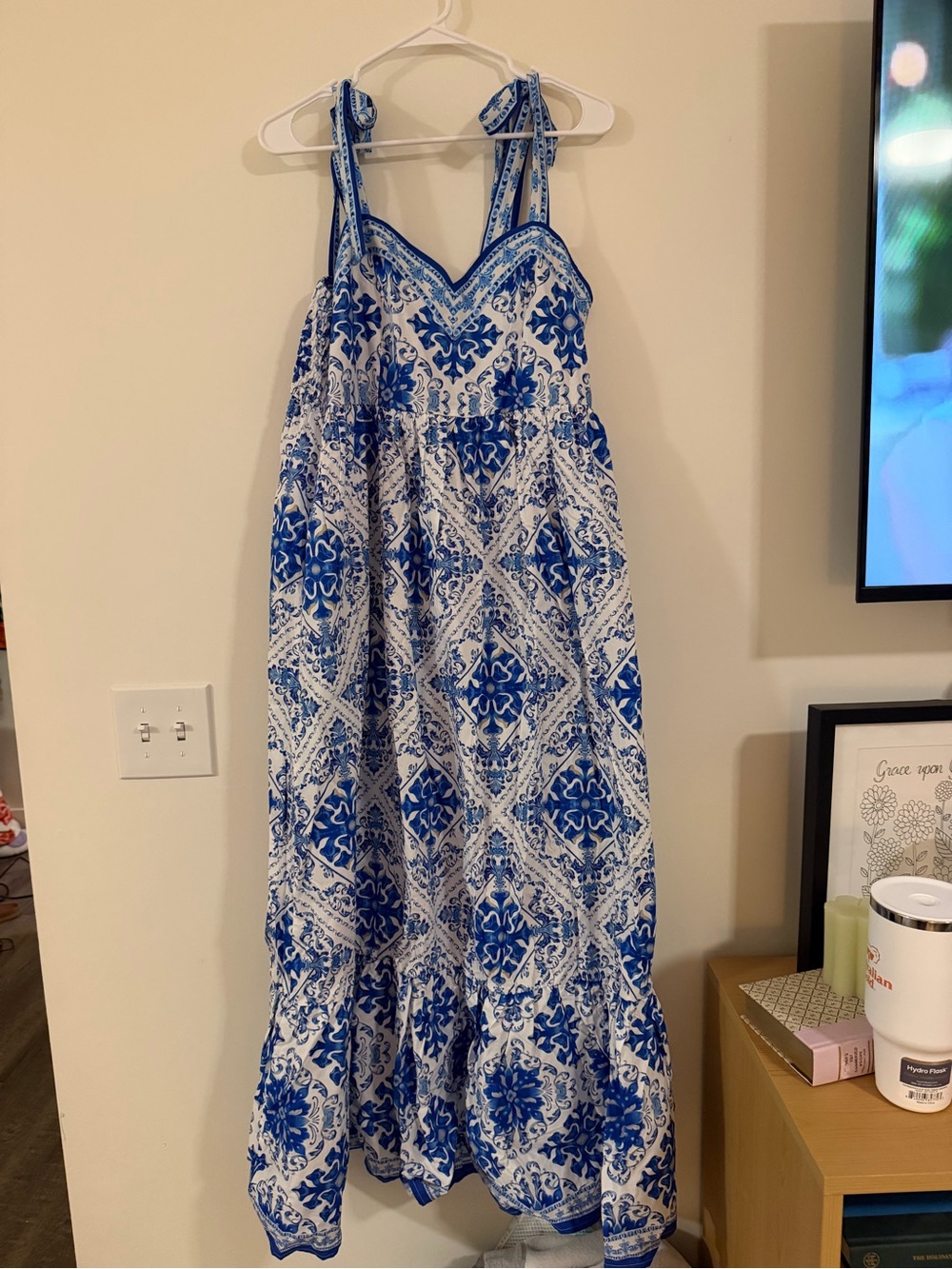 Chic Soul Blue and White Printed Tie-Shoulder Maxi Dress